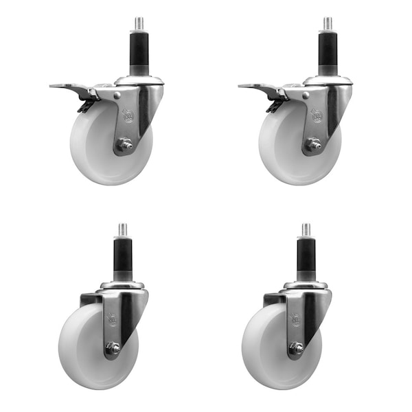 4'' Nylon Swivel 1-1/8'' Expanding Stem Caster Set 2 Total Lock Brakes, 4PK